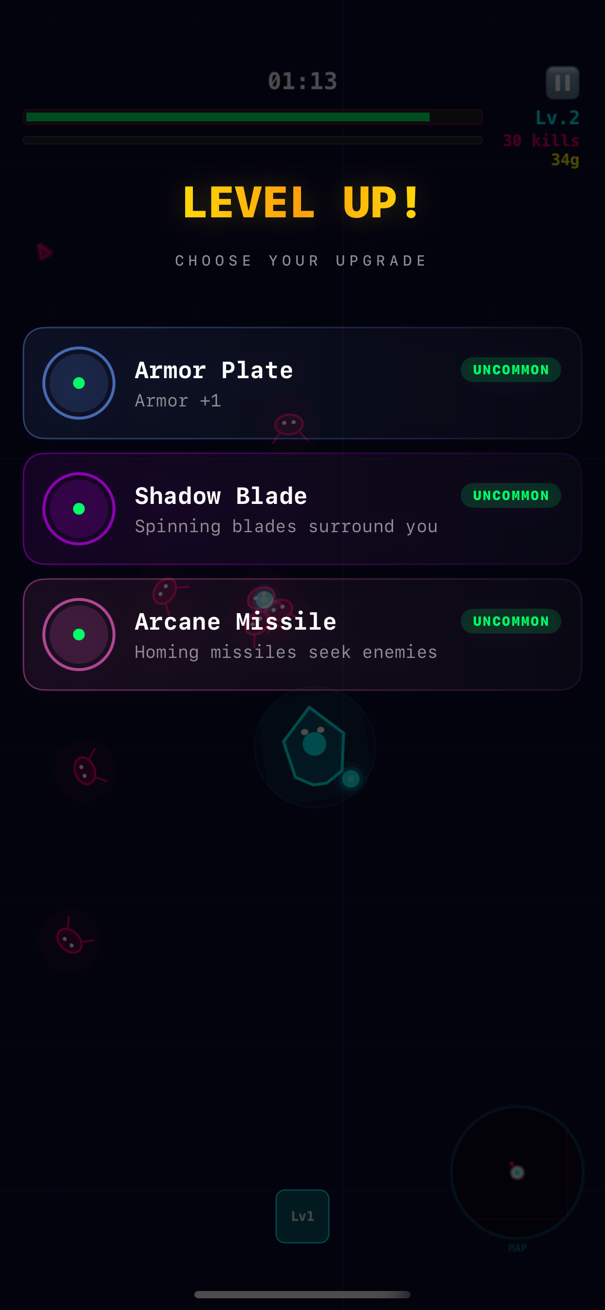 GlowStrike - Neon arcade survival iOS game with level-up upgrades, bomb abilities, and swarming enemies