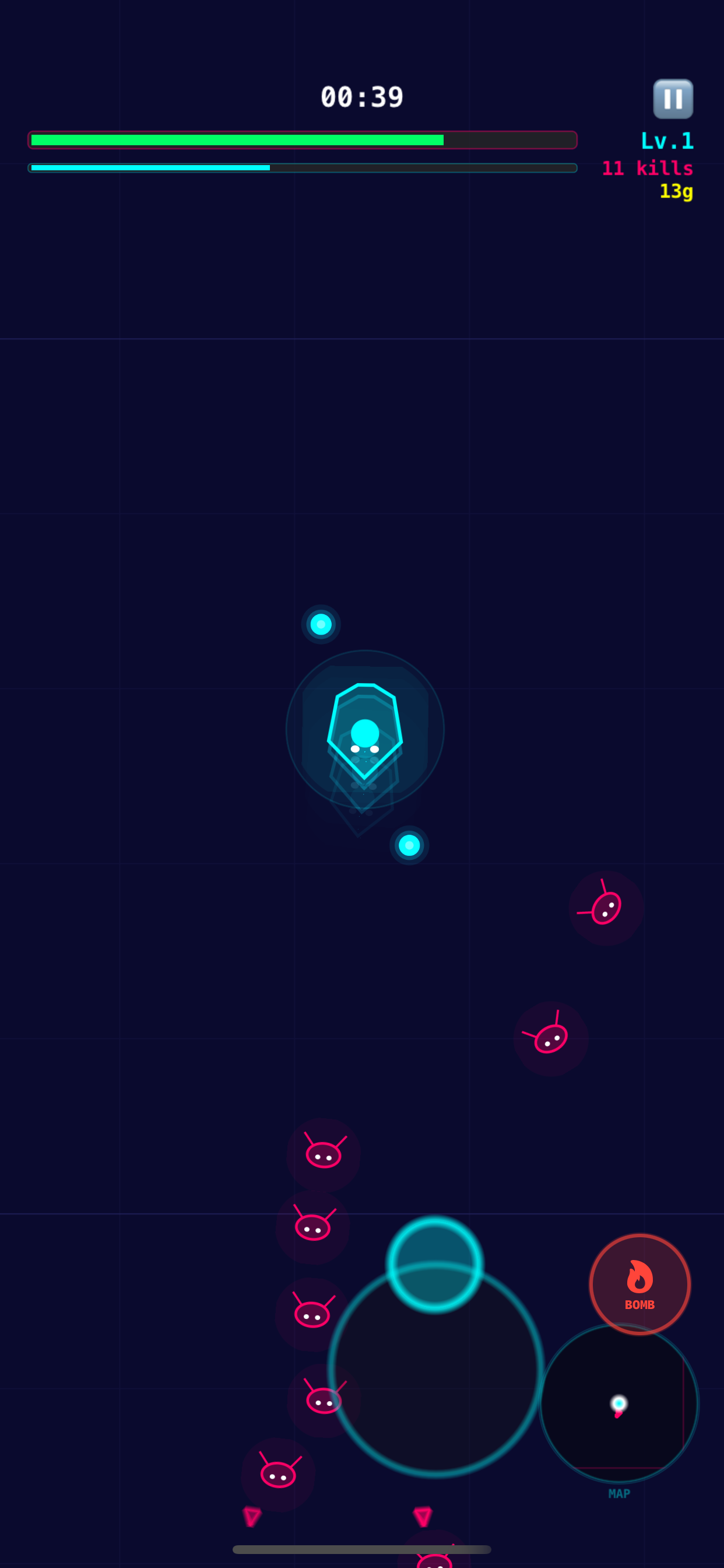 GlowStrike level up upgrade screen with Armor Plate, Shadow Blade, and Arcane Missile choices