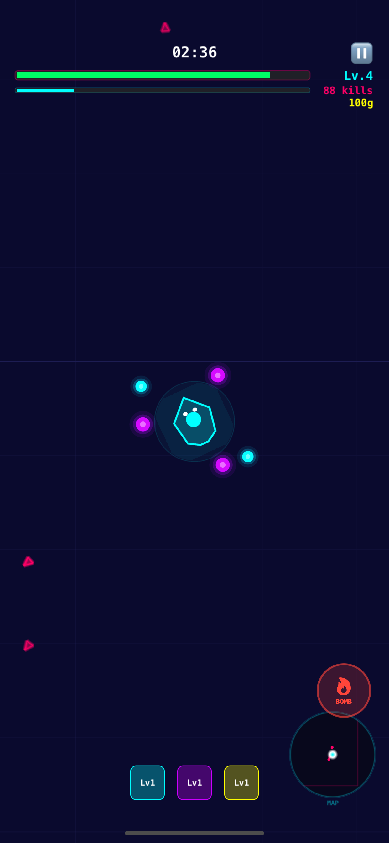 GlowStrike gameplay showing neon player character surrounded by enemies and bomb ability